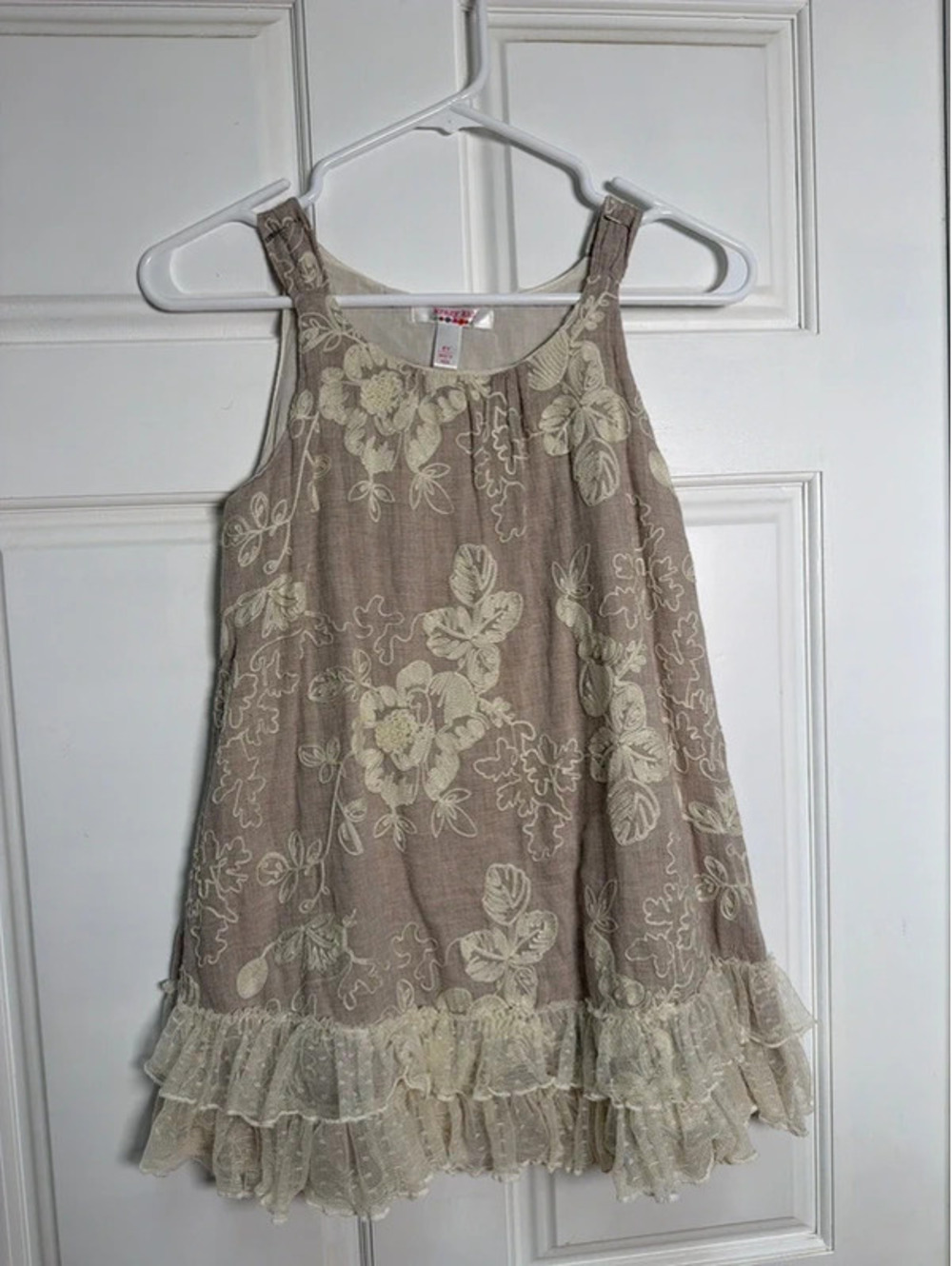 Boutique Boho Hippy Lace Floral Ruffle Embroidered Tan Cream Dress